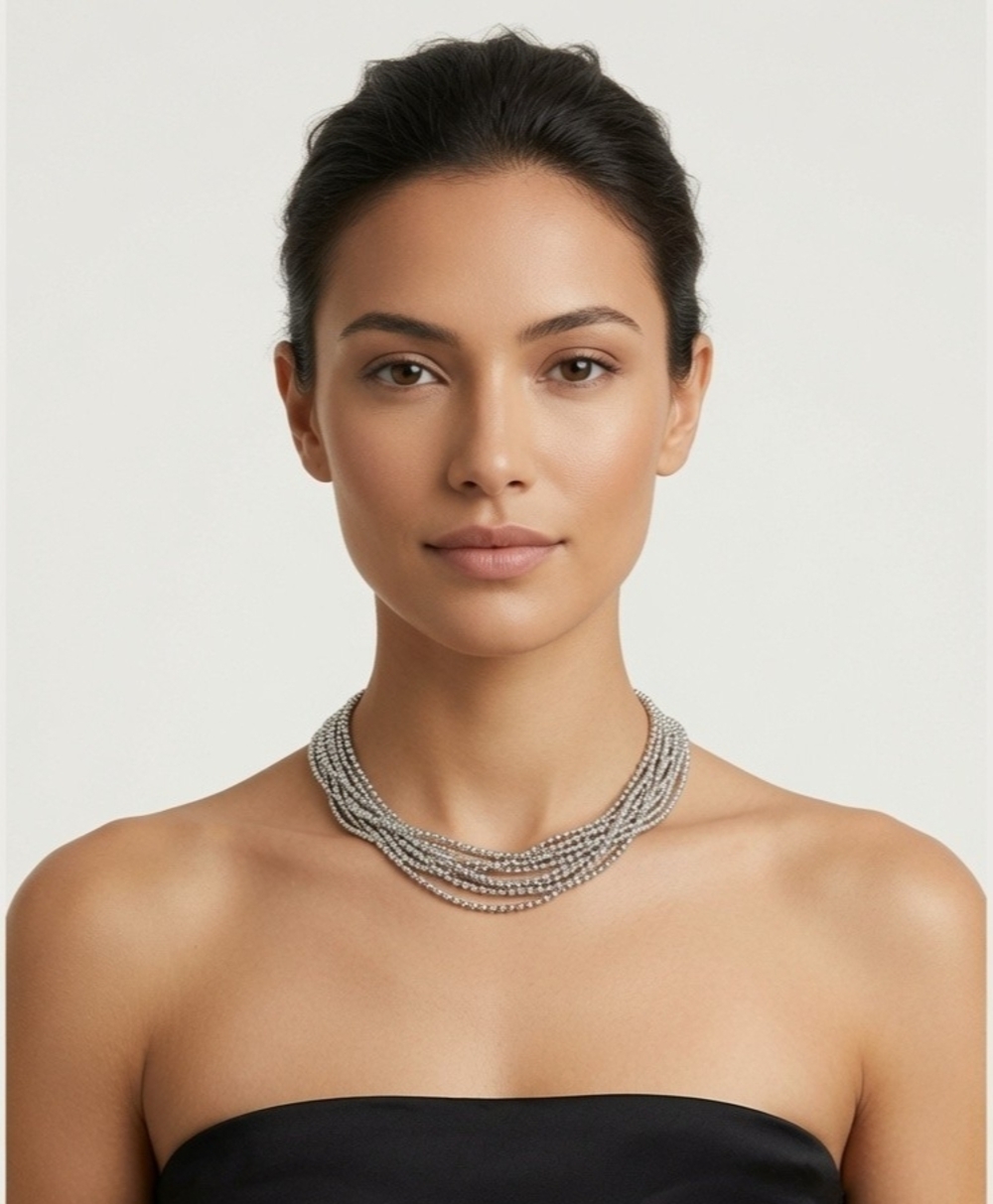 Multi Strand Silver Ball Chain Choker Necklace Gold Pave End Caps 16" VG